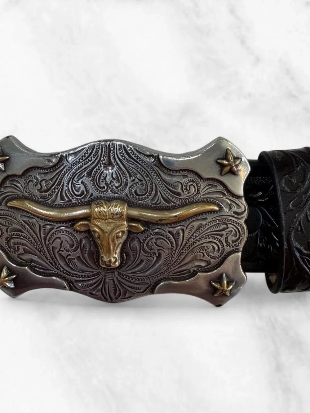 Tony Lama Black Leather Western Belt with Ornate Silver-Gold Buckle